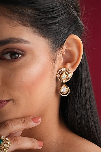 Gold Finish Kundan Polki Dangler Earrings