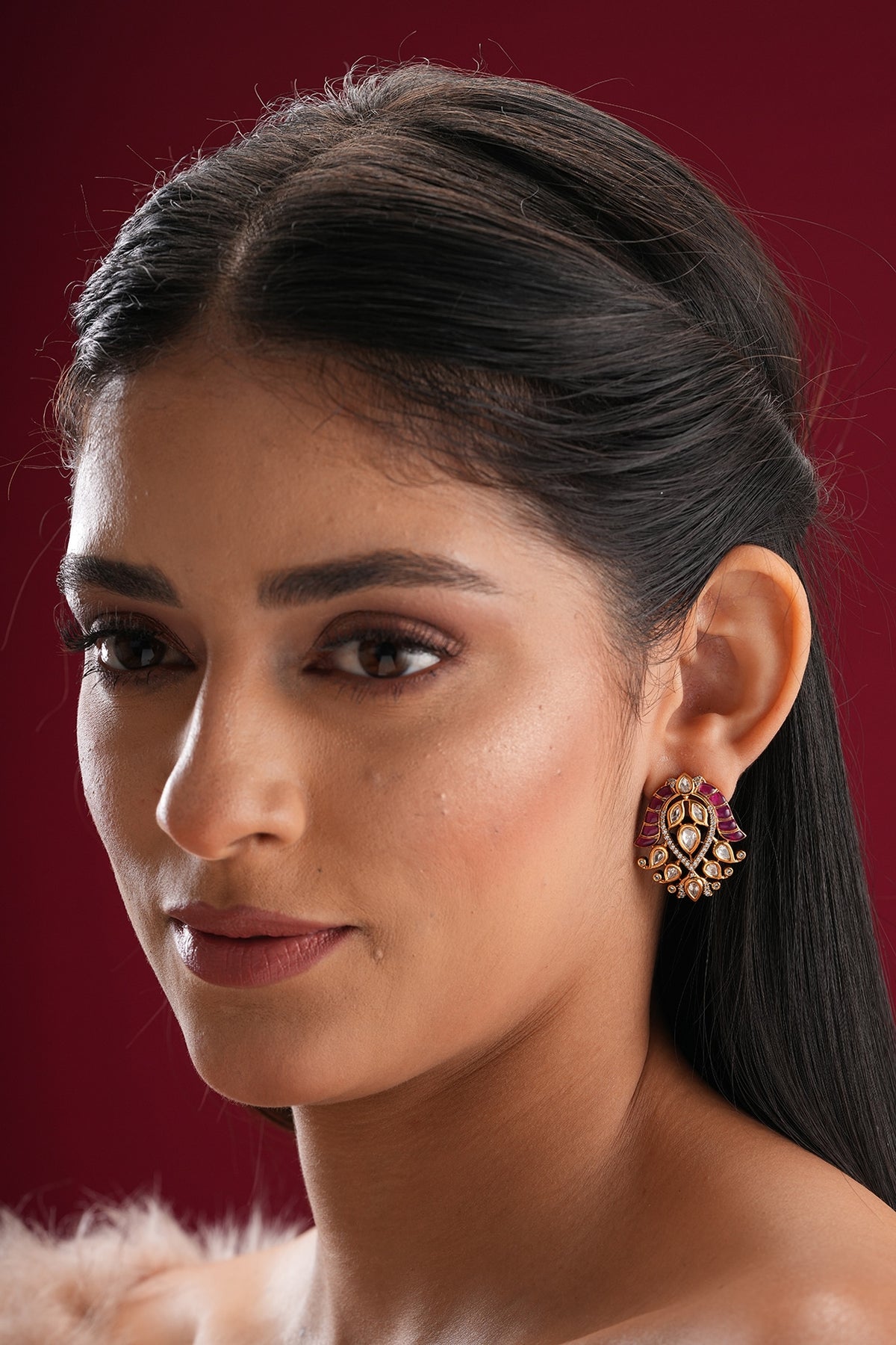 Gold Finish Kundan Polki & Red Stone Stud Earrings