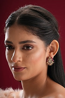 Gold Finish Kundan Polki & Red Stone Stud Earrings