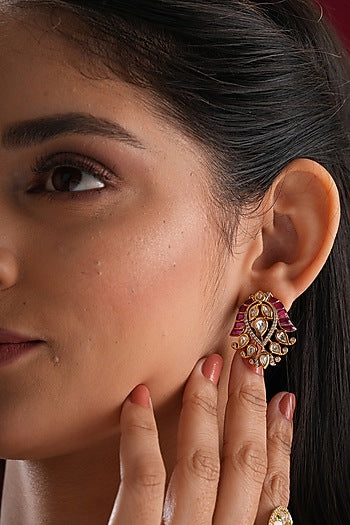 Gold Finish Kundan Polki & Red Stone Stud Earrings