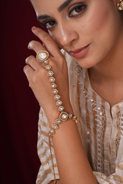Gold Finish Kundan Polki & Pearl Hathphools (Set Of 2)