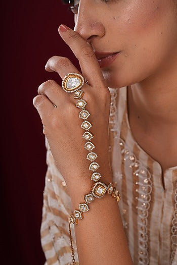 Gold Finish Kundan Polki & Pearl Hathphools (Set Of 2)