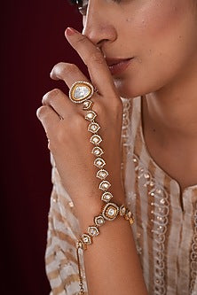 Gold Finish Kundan Polki & Pearl Hathphools (Set Of 2)
