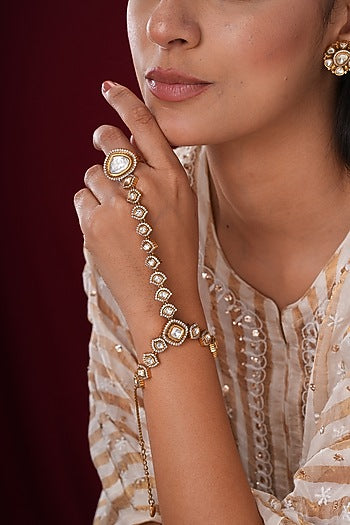 Gold Finish Kundan Polki & Pearl Hathphools (Set Of 2)