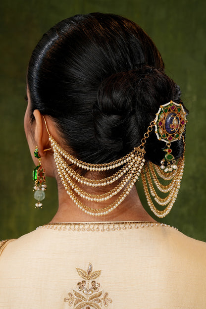 Gold Finish Kundan Polki & Pearl Earchains (Set Of 2)