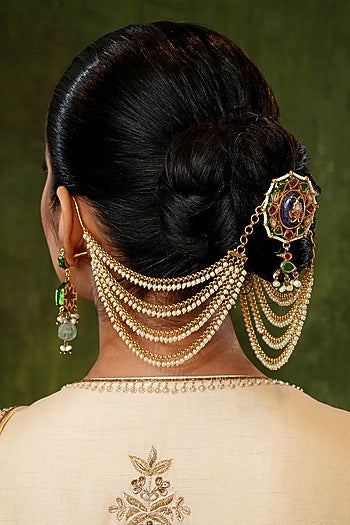 Gold Finish Kundan Polki & Pearl Earchains (Set Of 2)