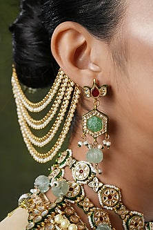Gold Finish Kundan Polki & Pearl Earchains (Set Of 2)