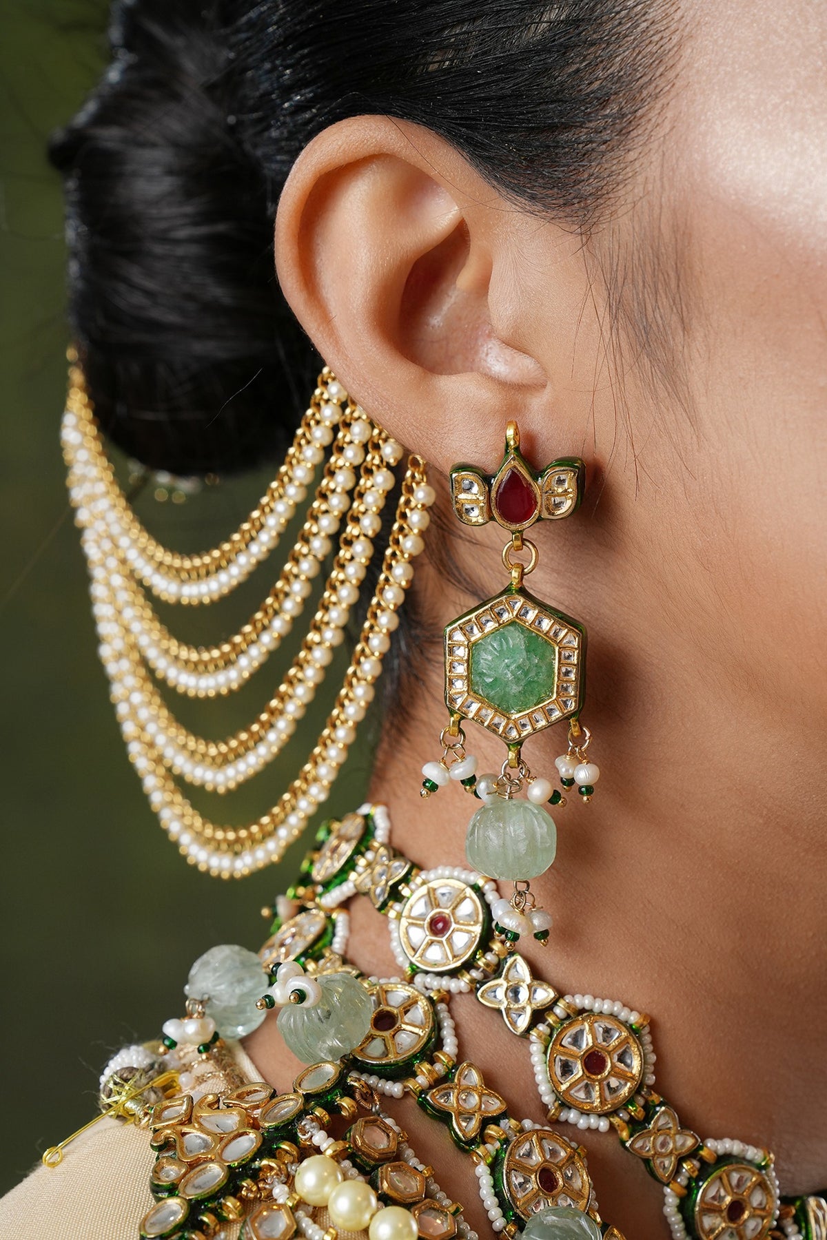 Gold Finish Kundan Polki & Pearl Earchains (Set Of 2)