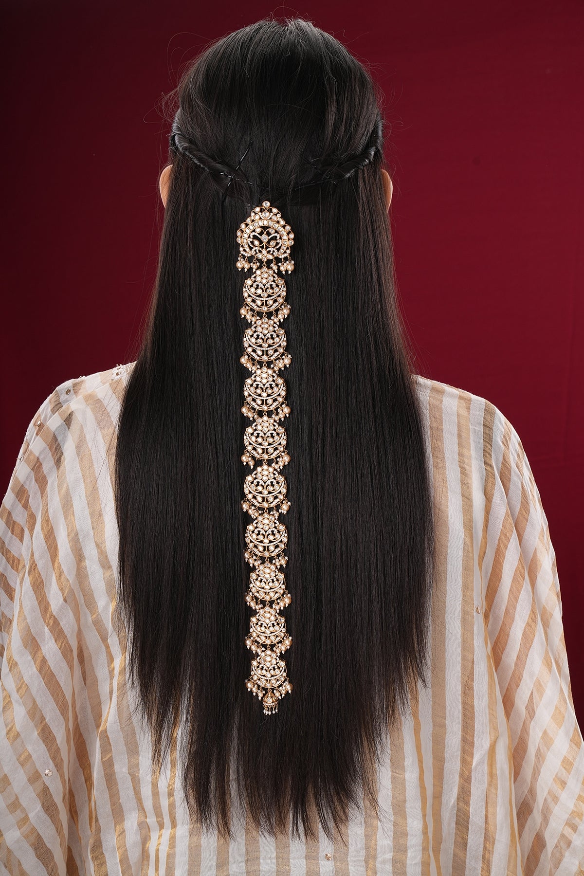 Gold Finish Kundan Polki & Pearl Braid Pin