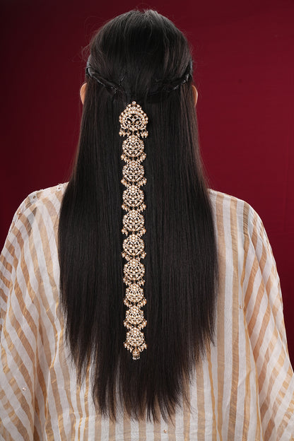 Gold Finish Kundan Polki & Pearl Braid Pin