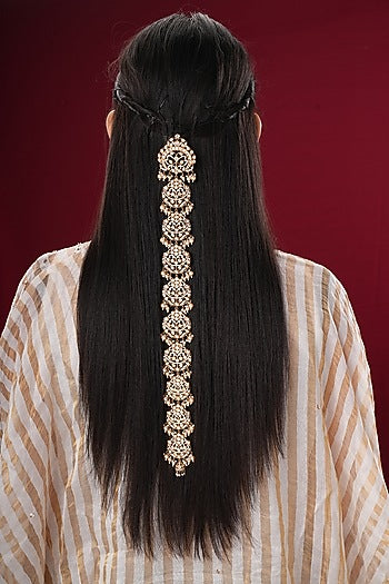 Gold Finish Kundan Polki & Pearl Braid Pin
