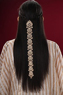 Gold Finish Kundan Polki & Pearl Braid Pin