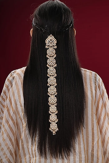 Gold Finish Kundan Polki & Pearl Braid Pin