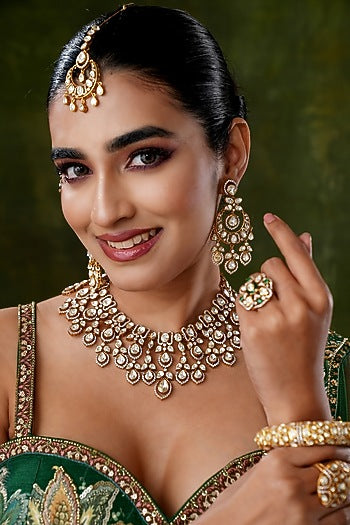 Gold Finish Moissanite Polki Necklace Set