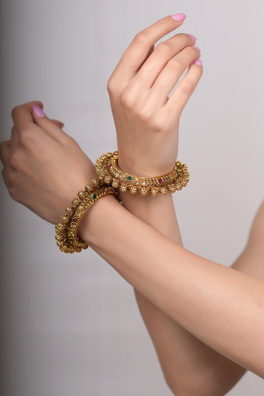 Gold Plated Temple Pacheli Kadas (Set Of 2)