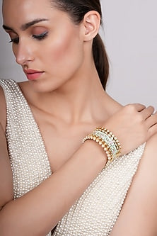 Gold Plated Aquamarine Stone & Pearl Meenakari Kada