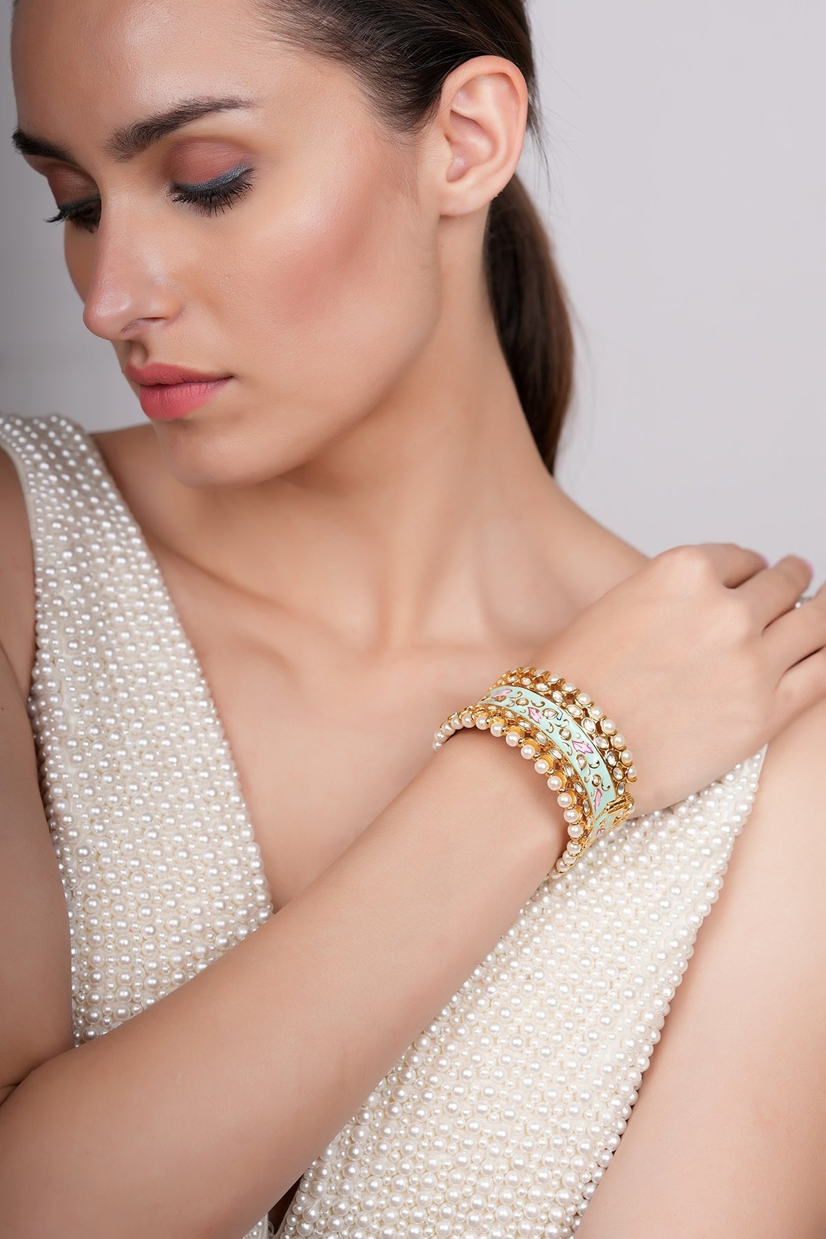 Gold Plated Aquamarine Stone & Pearl Meenakari Kada