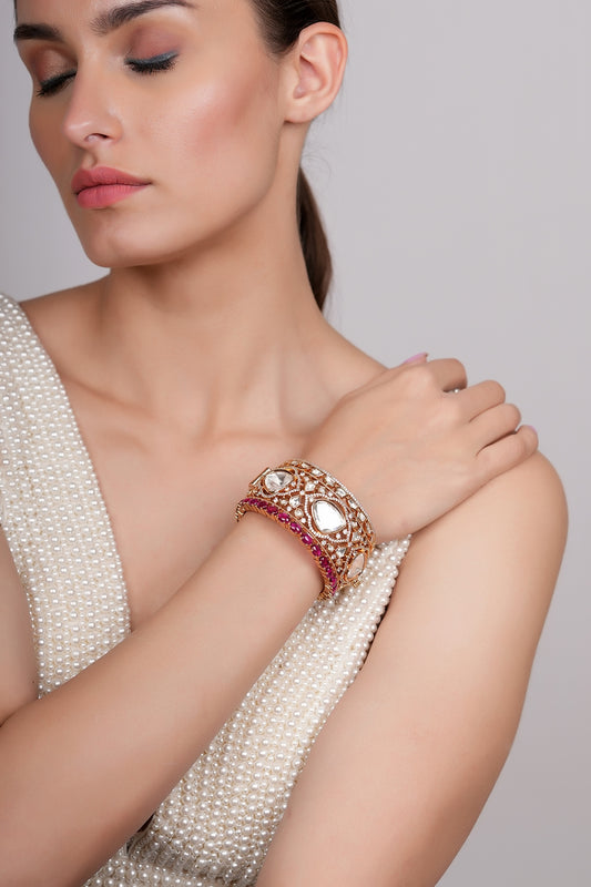 Gold Plated Ruby & Moissanite Polki Kada