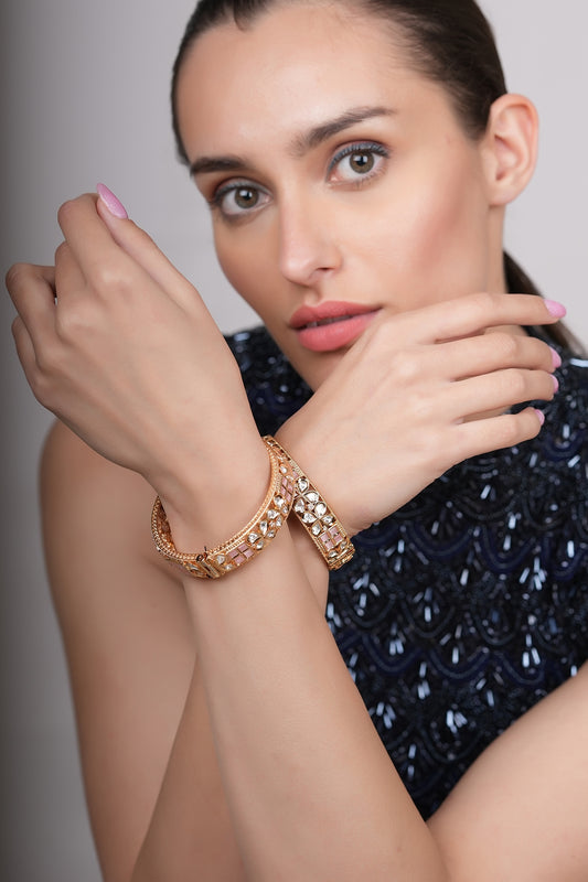 Gold Plated Pink Kundan Polki Bangles (Set Of 2)
