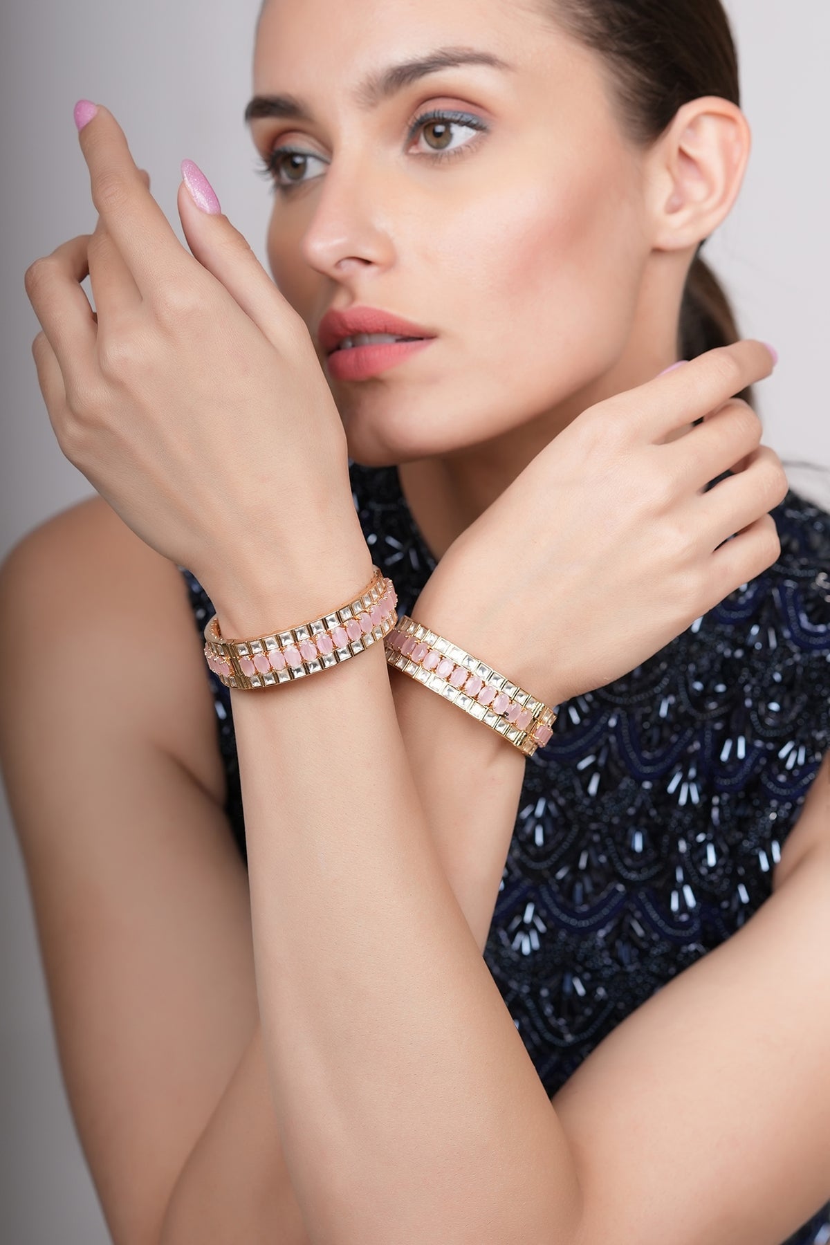 Gold Plated Rose Stone & Moissanite Polki Bangles (Set Of 2)