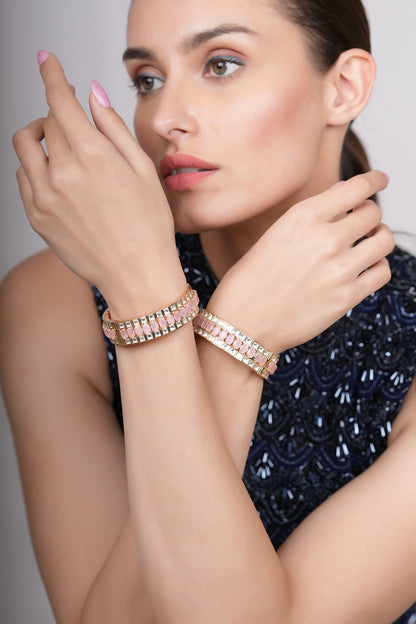 Gold Plated Rose Stone & Moissanite Polki Bangles (Set Of 2)