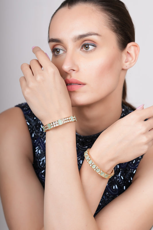Gold Plated Green Kundan Polki Bangles (Set Of 2)