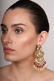 Gold Plated Kundan Polki & Ruby Dangler Earrings