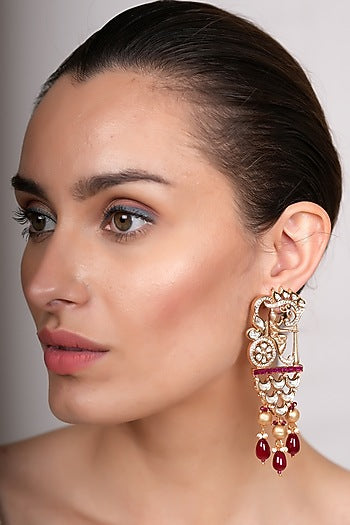 Gold Plated Kundan Polki & Ruby Dangler Earrings
