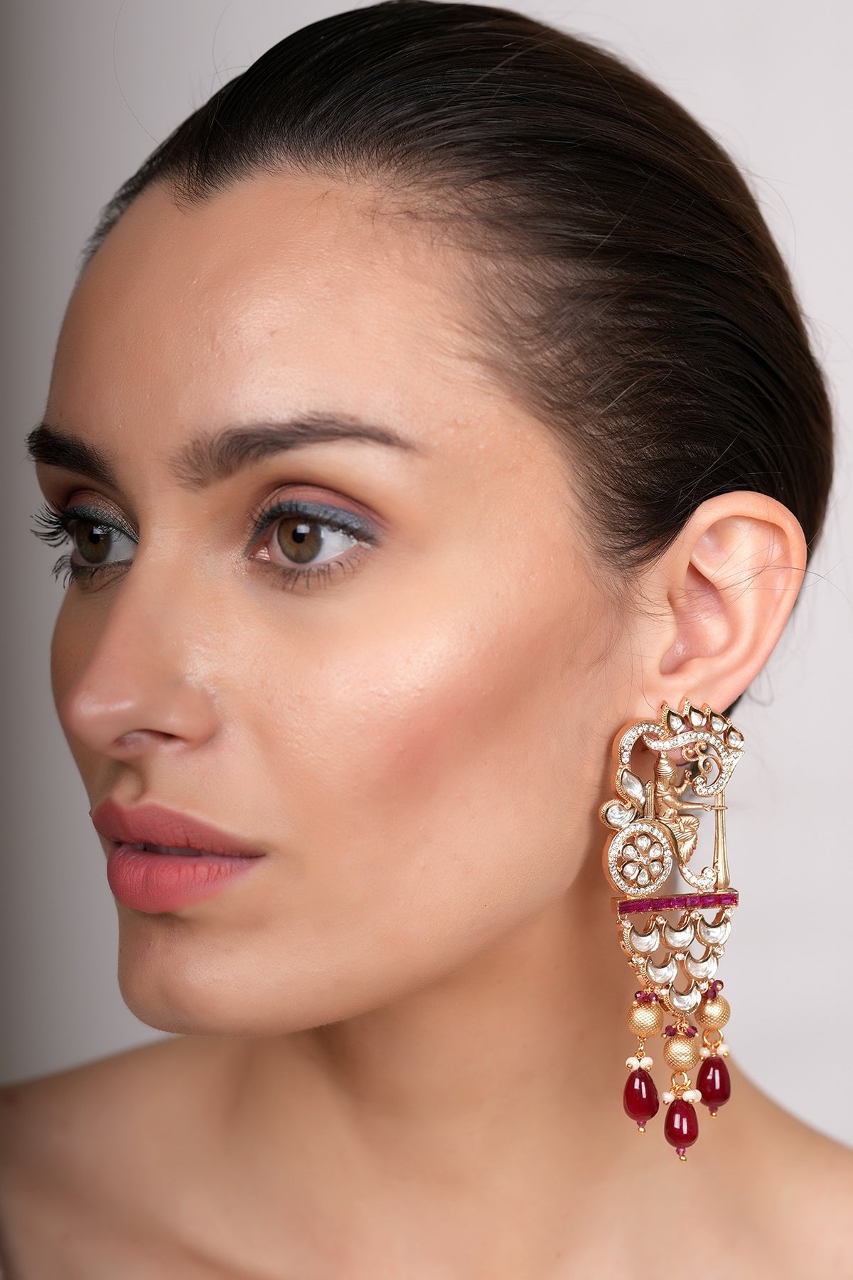 Gold Plated Kundan Polki & Ruby Dangler Earrings