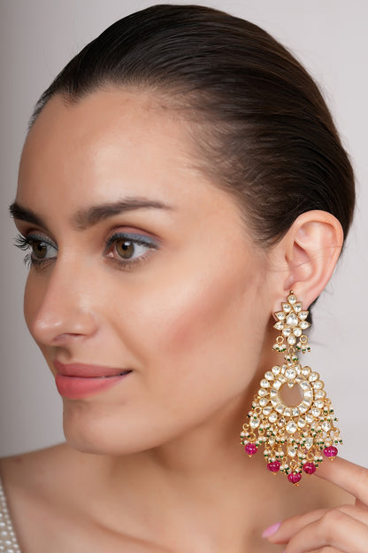 Gold Plated Ruby & Kundan Polki Dangler Earrings