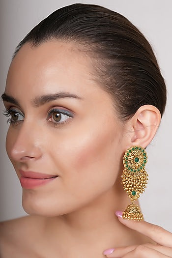 Gold Plated Emerald Temple Dangler Earrings