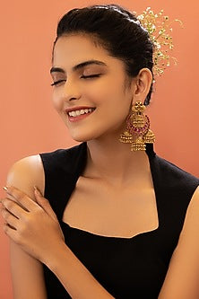 Gold Plated Ruby Peacock Head Temple Earrings