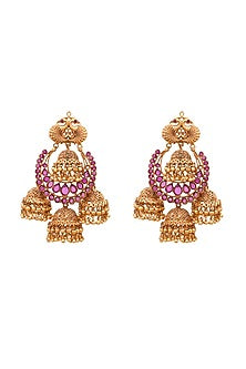Gold Plated Ruby Peacock Head Temple Earrings