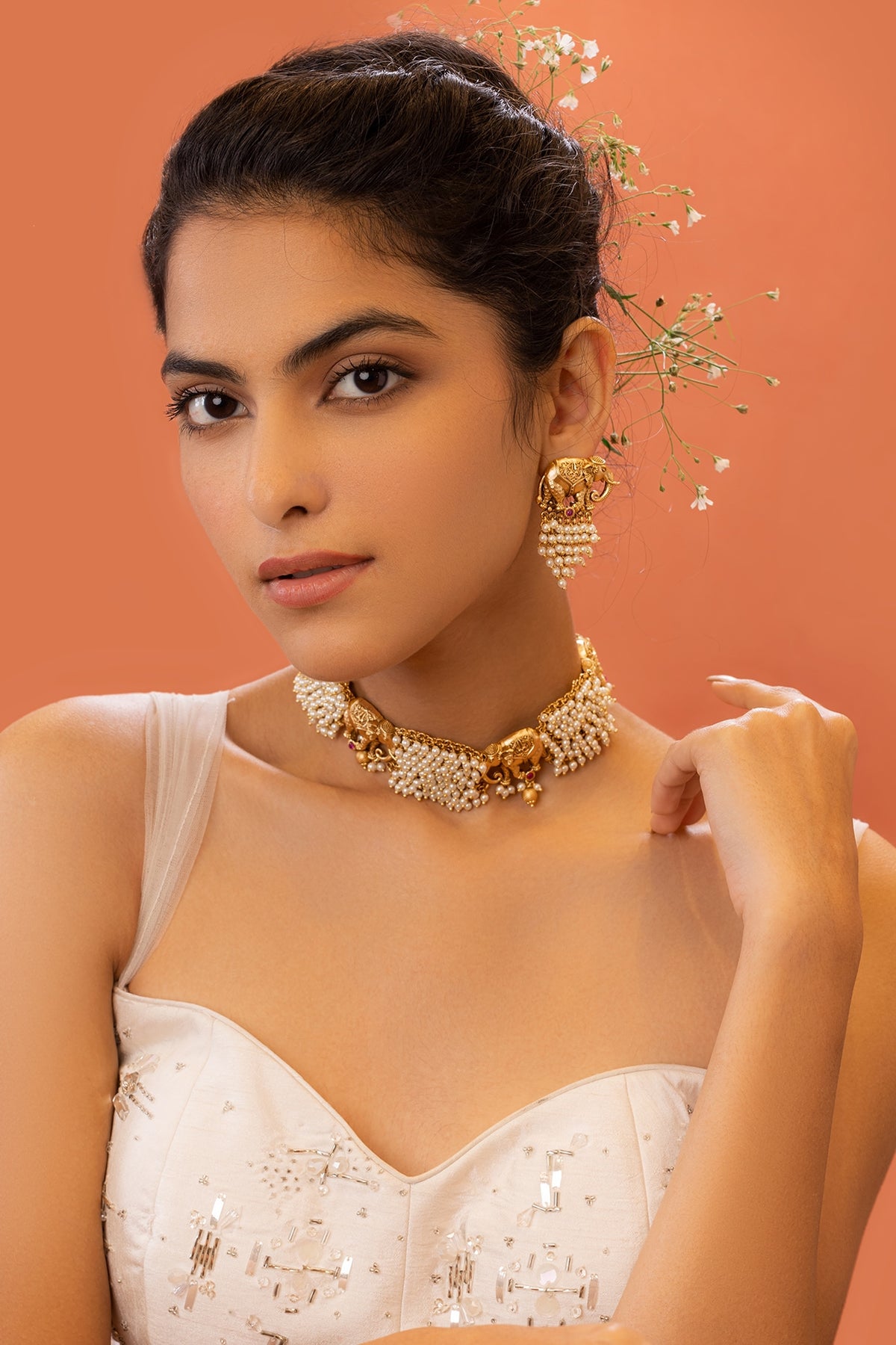 Gold Plated Pearl Choker Necklace Set