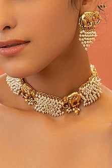 Gold Plated Pearl Choker Necklace Set