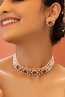 Gold Plated Choker Necklace Set With Pearls