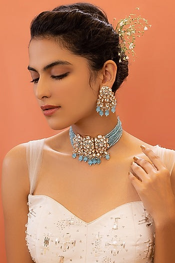 Gold Plated Aqua Beaded Choker Necklace Set