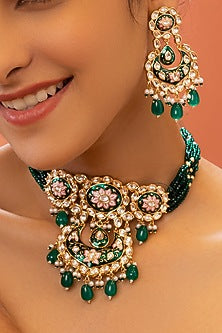 Gold Plated Beaded Meenakari Choker Necklace Set