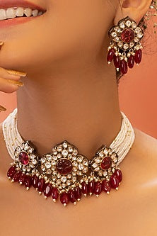 Gold Plated Kundan Polki & Pearl Choker Necklace Set