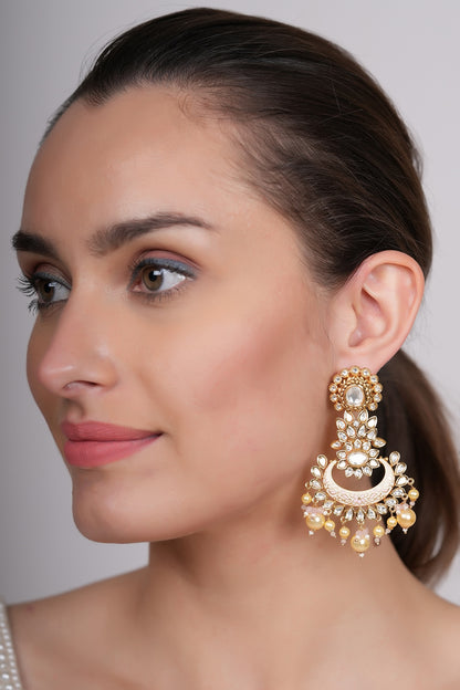 Gold Plated Kundan Polki & Beaded Dangler Earrings
