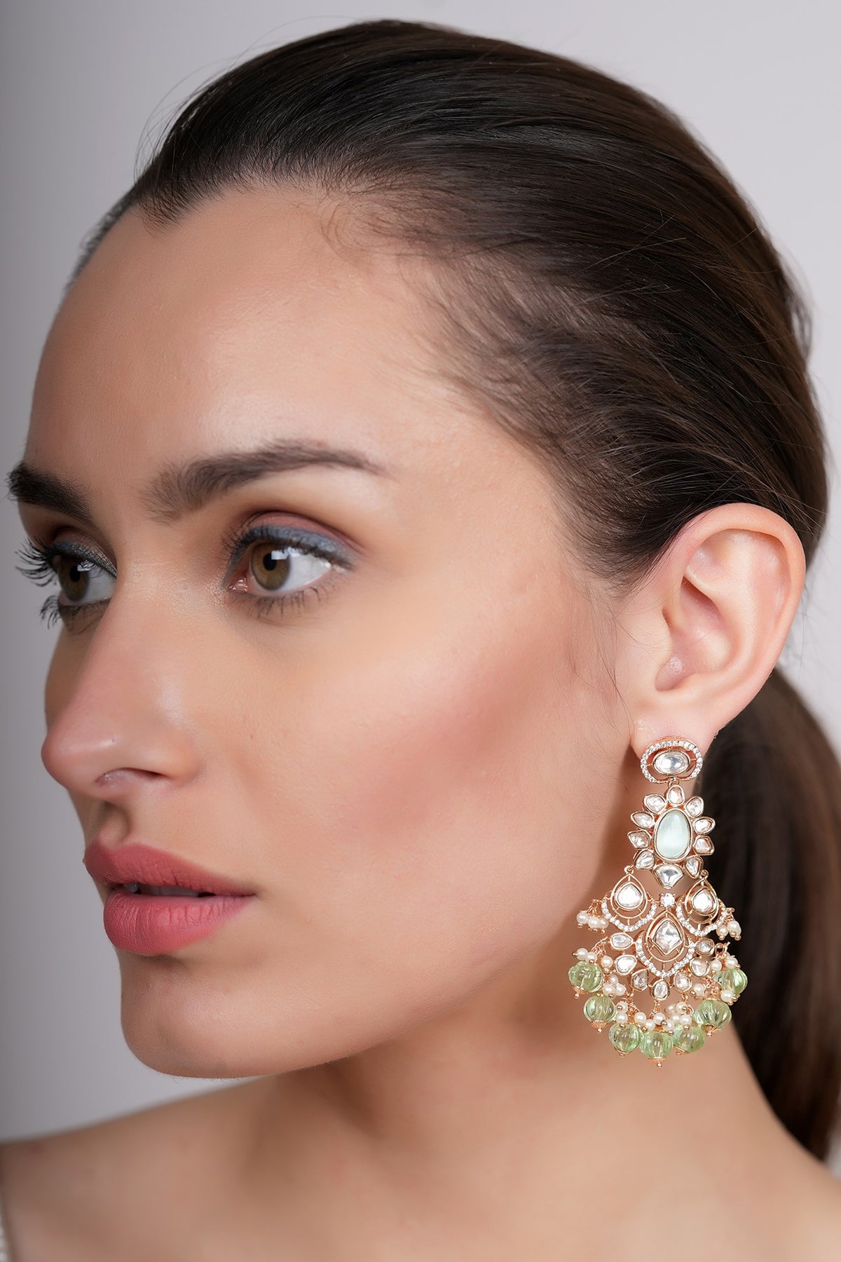 Gold Plated Kundan Polki & Mint Beaded Dangler Earrings
