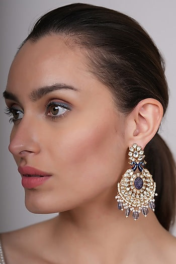Gold Plated Kundan Polki & Blue Beaded Dangler Earrings