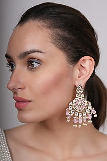 Gold Plated Kundan Polki & Pink Beaded Dangler Earrings