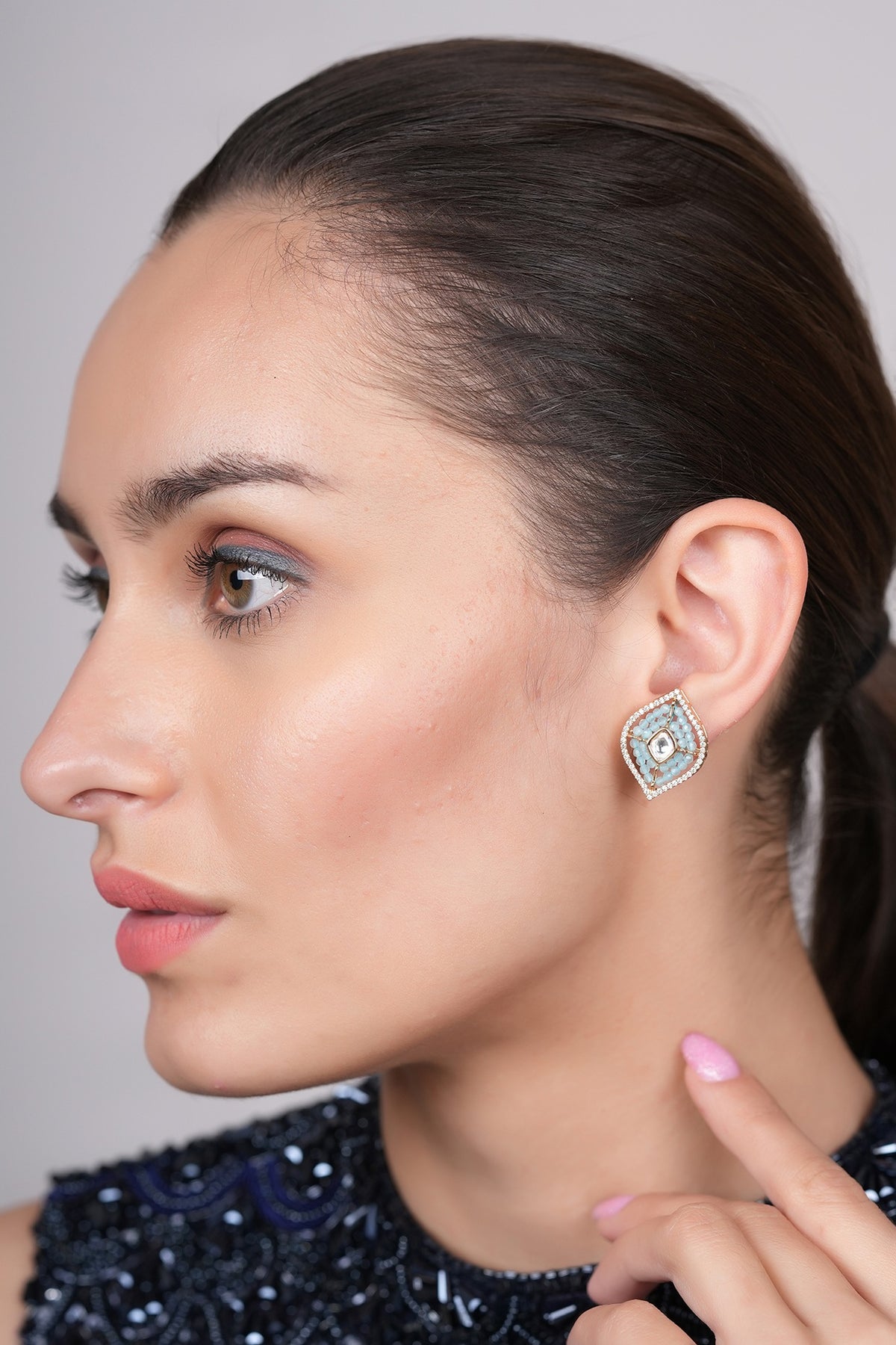 Gold Plated Aqua Polki Stud Earrings