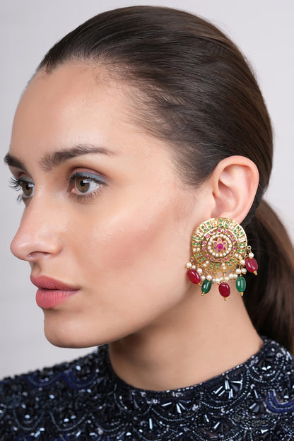 Gold Plated Navratan Polki Stud Earrings