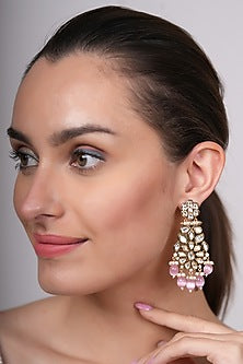 Gold Plated Kundan Polki & Pink Beaded Meenakari Dangler Earrings