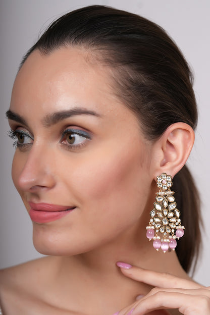 Gold Plated Kundan Polki & Pink Beaded Meenakari Dangler Earrings