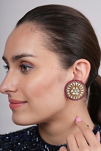 Gold Plated Red Polki Stud Earrings