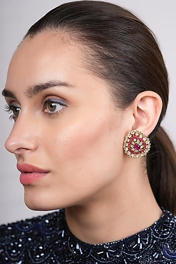 Gold Plated Red Polki Stud Earrings