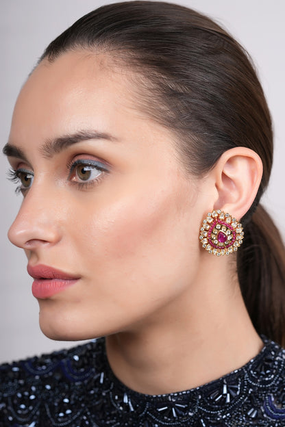 Gold Plated Red Polki Stud Earrings